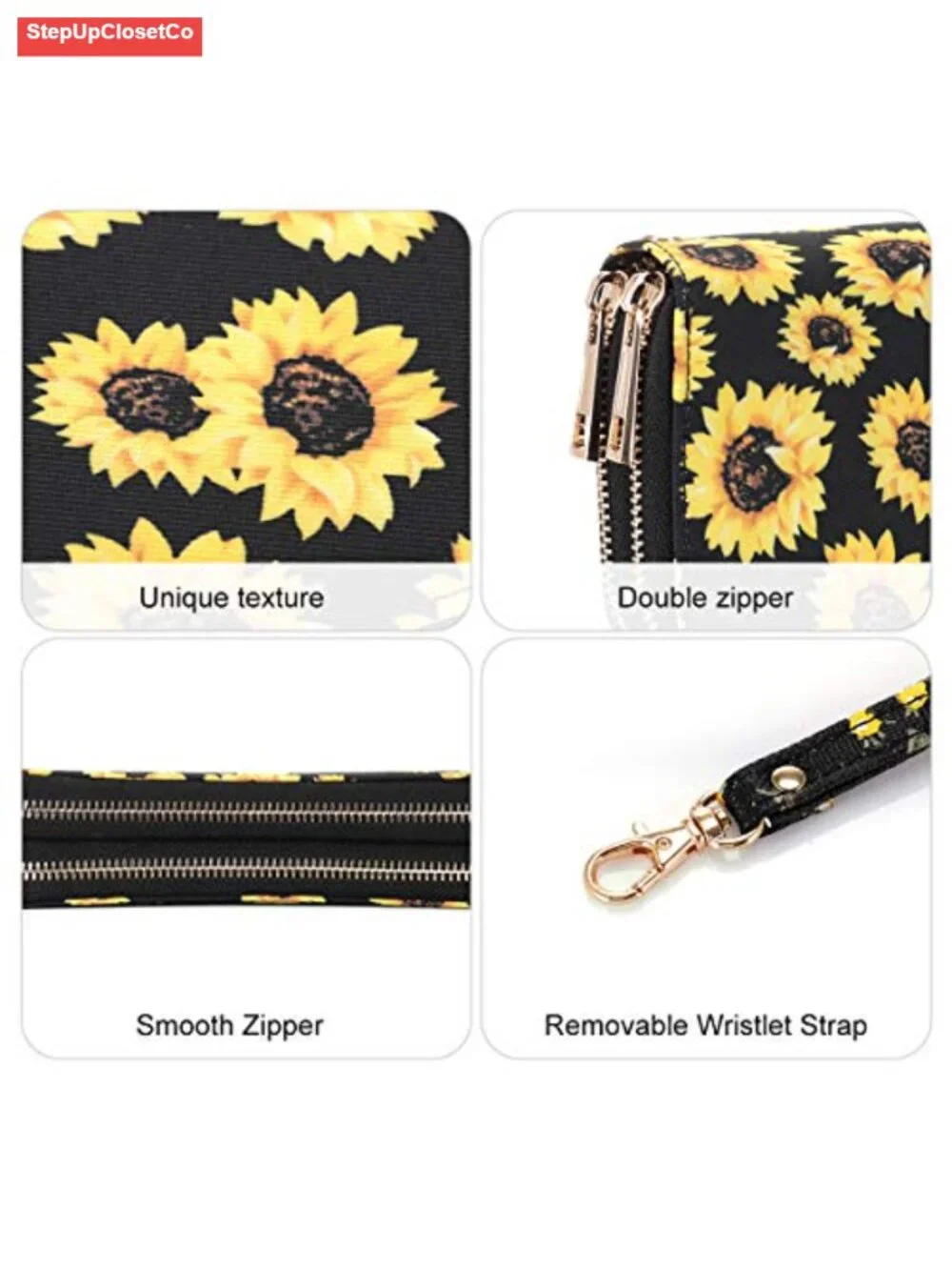 Faux Leather Floral Long Wallet Clutch with Wristlet Strap Card/Phone Holder